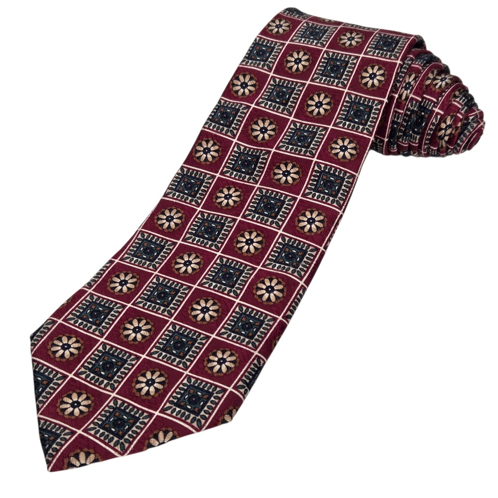 Brooks Brothers Tie Mens Burgundy‎ Geometric Medallion Silk Hand Made USA